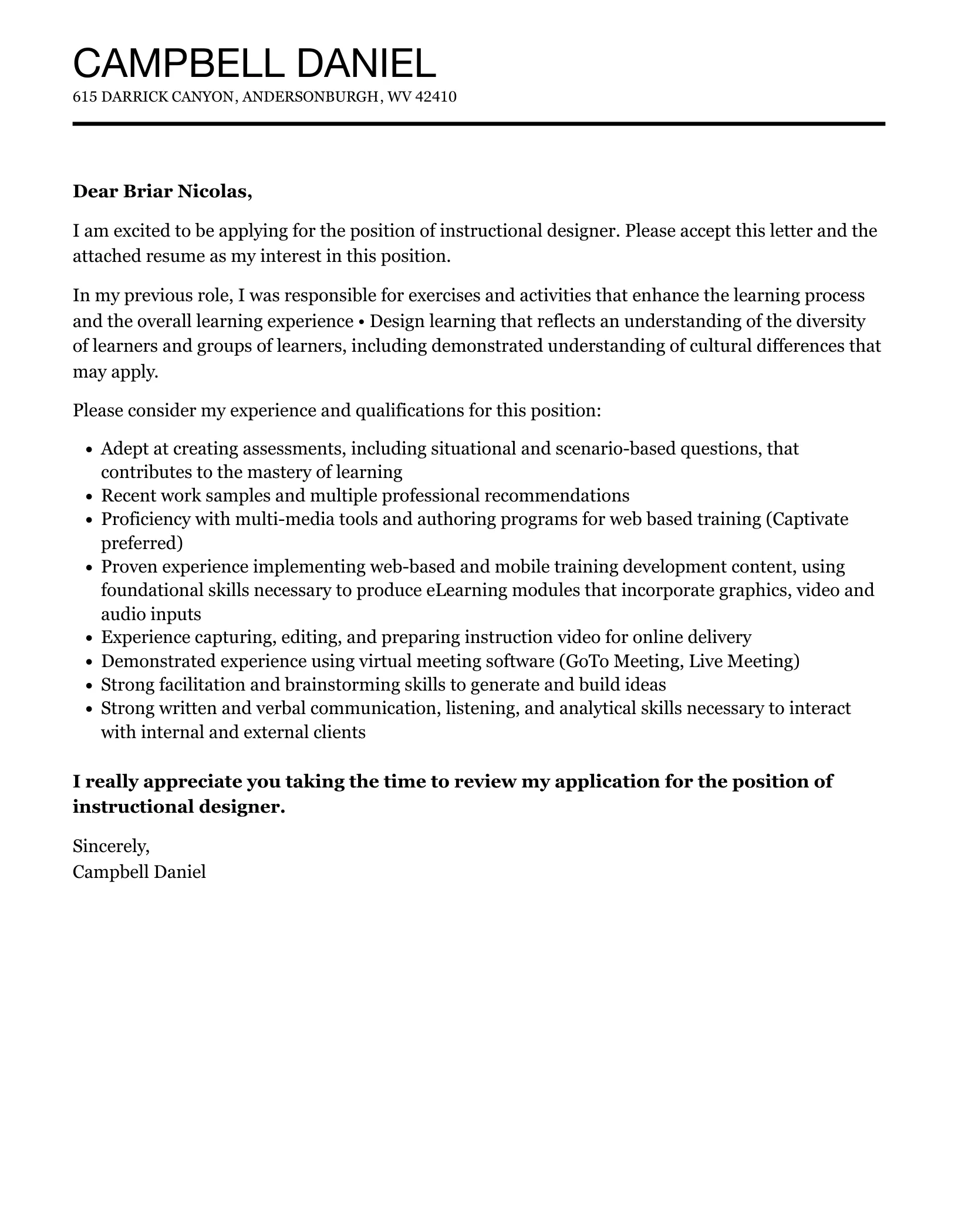 38453 cover letter instructional designer achievements