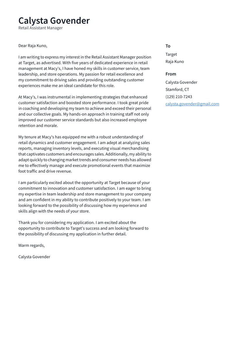 38542 cover letter assistant manager