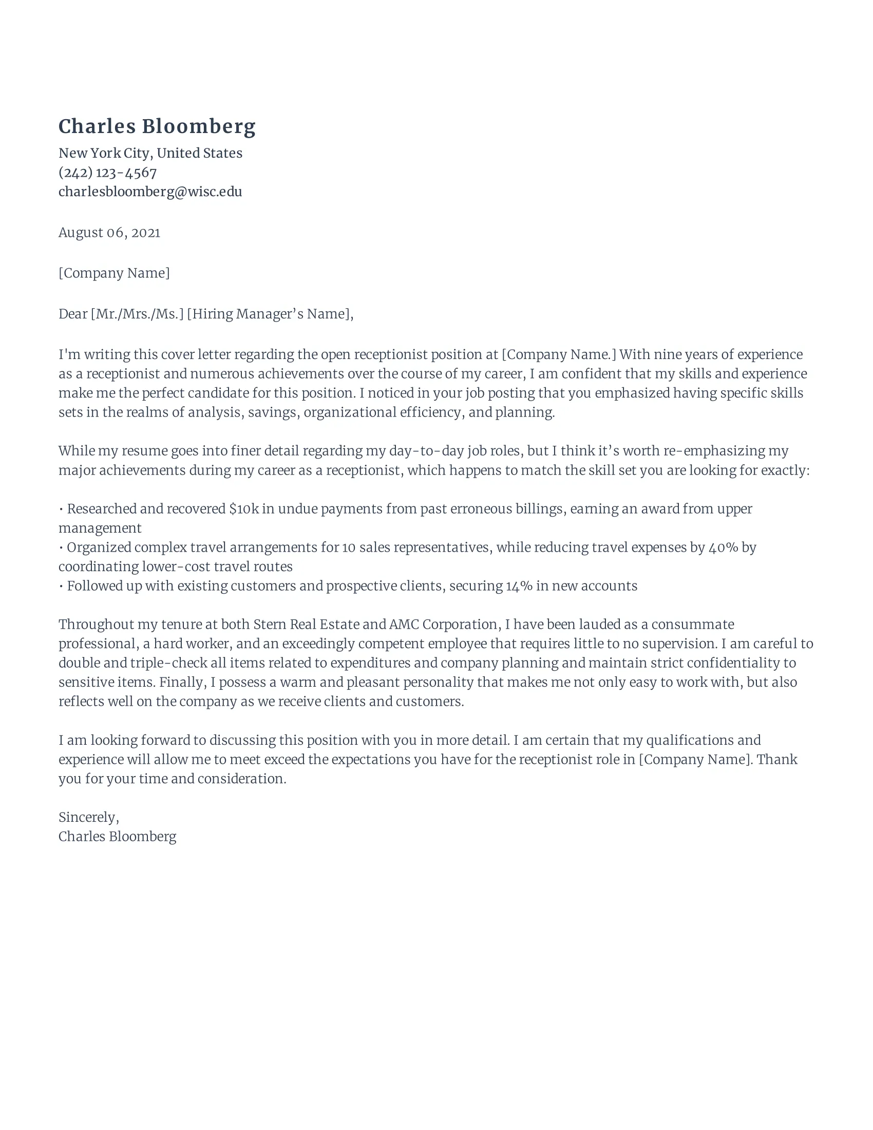 38547 salon receptionist cover letter structure