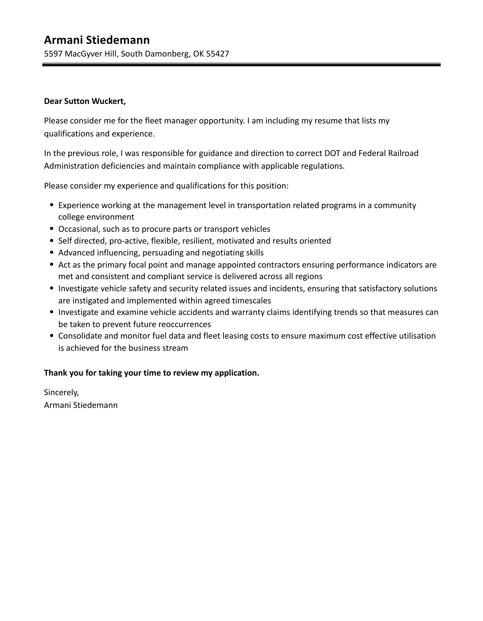 38555 fleet manager responsibilities