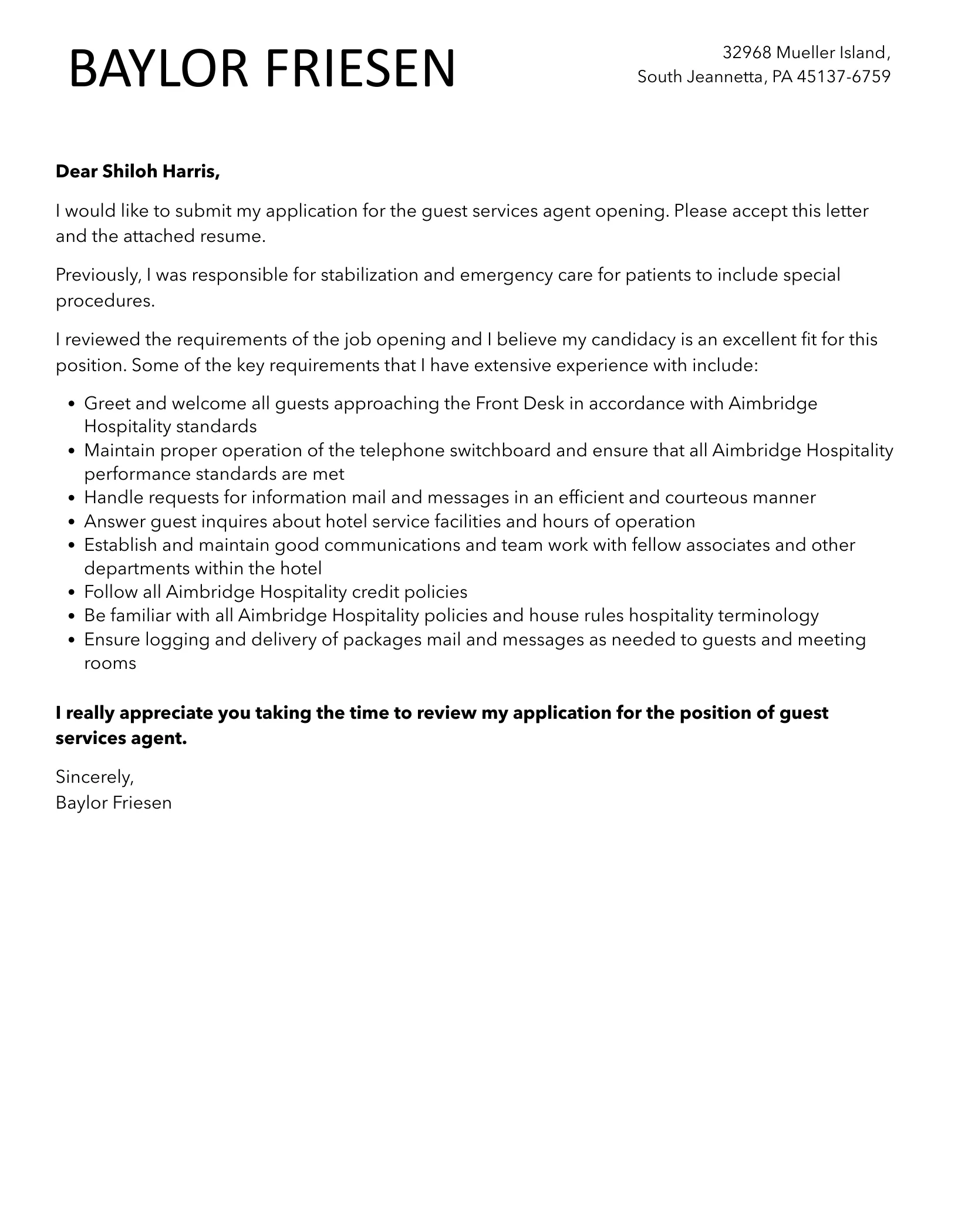 38613 guest services agent cover letter template