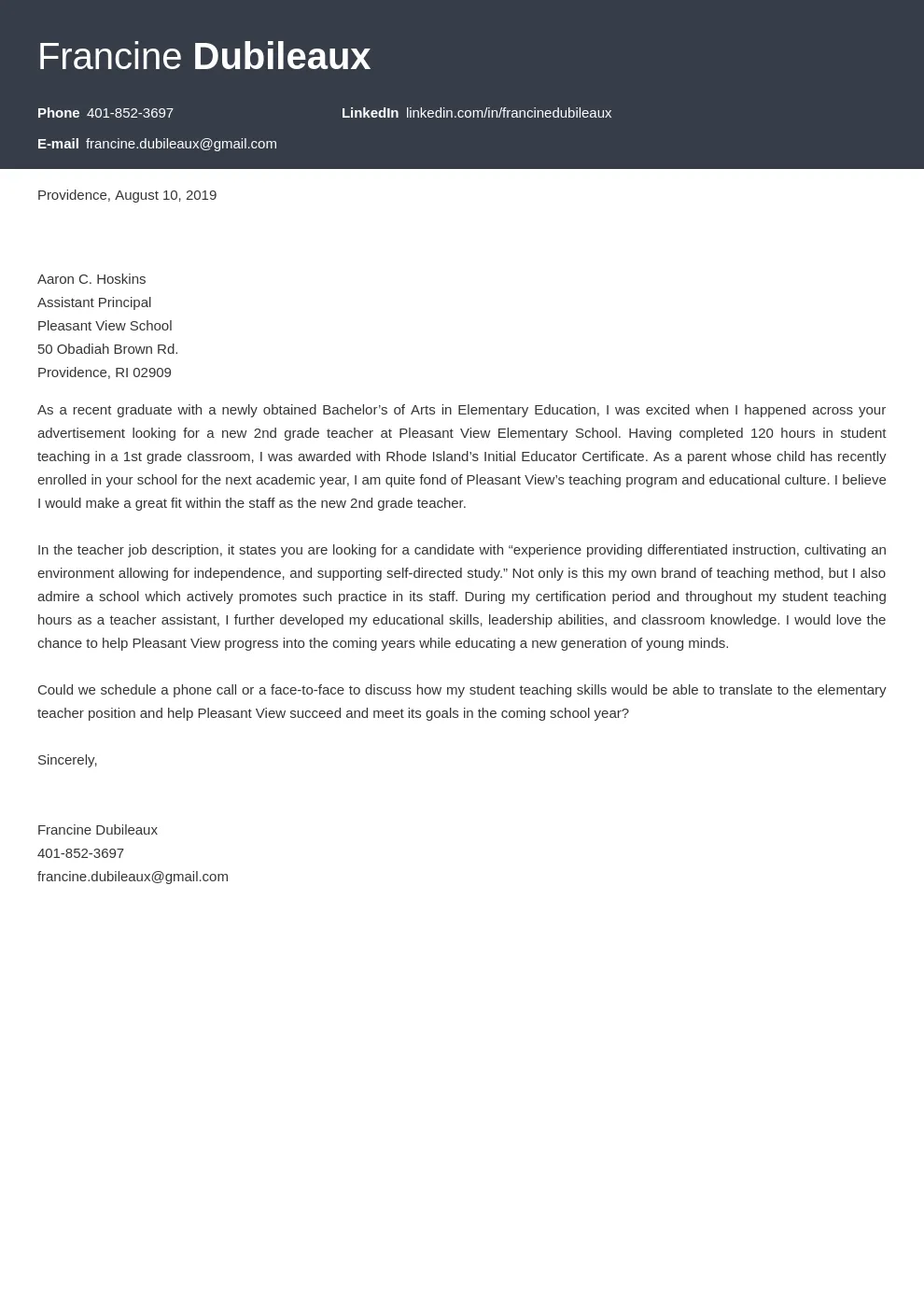 38663 new teacher cover letter